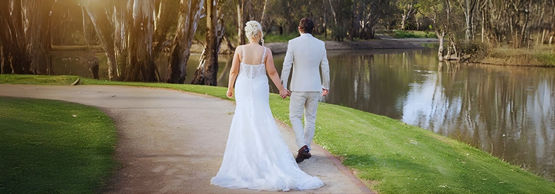 Wedding day walk along the river